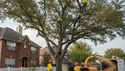 Arborists performing safe tree removal with bucket truck at Fort Worth TX home