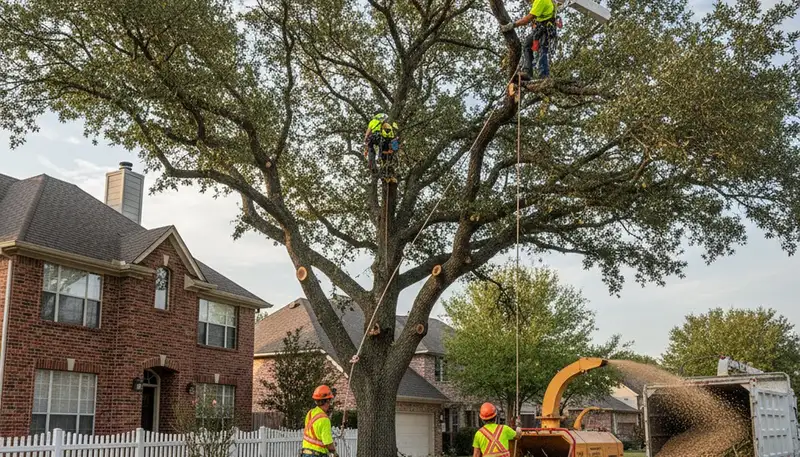 Arborists performing safe tree removal with bucket truck at Fort Worth TX home
