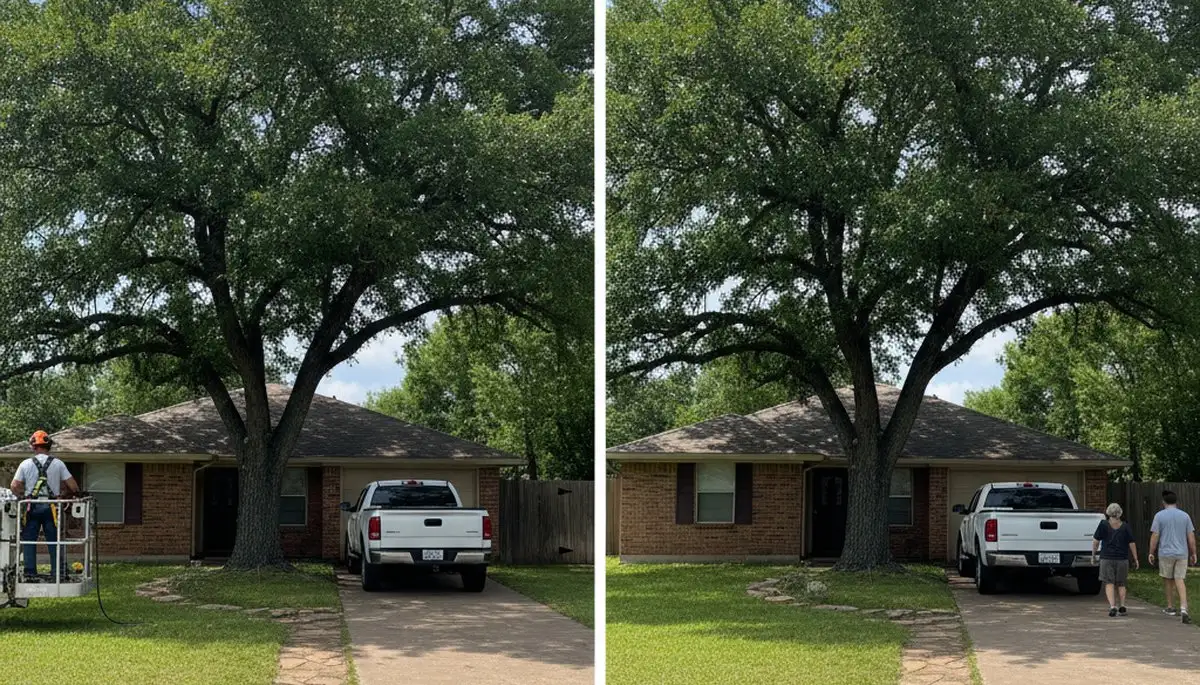 Arborist lifting tree canopy for driveway clearance and curb appeal in Fort Worth, TX