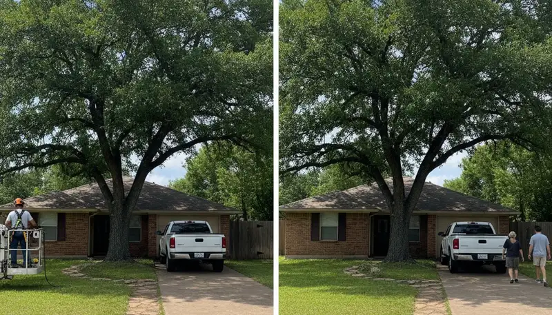 Arborist lifting tree canopy for driveway clearance and curb appeal in Fort Worth, TX