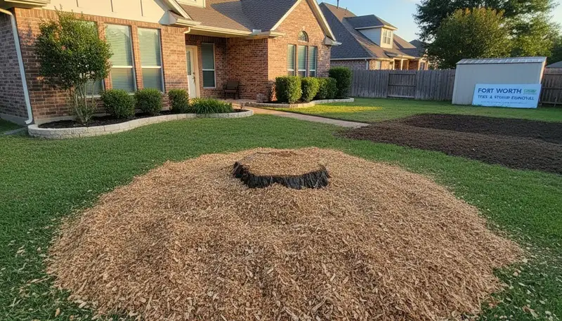 Finished stump grinding and lawn-ready site after professional tree removal in Fort Worth, TX