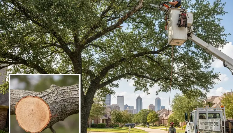 Arborist performing deadwood removal from residential tree in Fort Worth, TX for safety and storm protection
