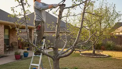 Arborist pruning fruit tree in Fort Worth TX backyard orchard for expert tree care and pruning service