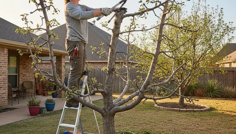 Arborist pruning fruit tree in Fort Worth TX backyard orchard for expert tree care and pruning service