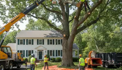 Arborists using bucket truck for large tree removal in Bedford, TX near Fort Worth | professional tree service