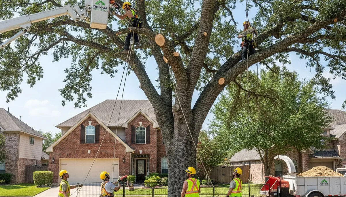 Arborists using bucket truck for large tree removal at a Crowley home near Fort Worth, TX