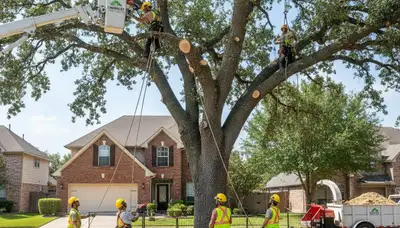 Arborists using bucket truck for large tree removal at a Crowley home near Fort Worth, TX
