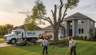 Professional lawn care and tree removal team working in Fort Worth, TX yard