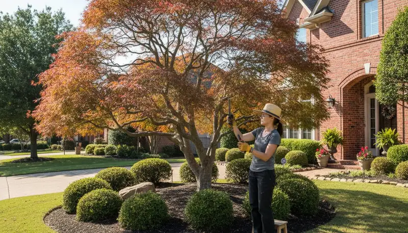 Arborist hand pruning ornamental Japanese maple tree in Fort Worth TX residential landscape