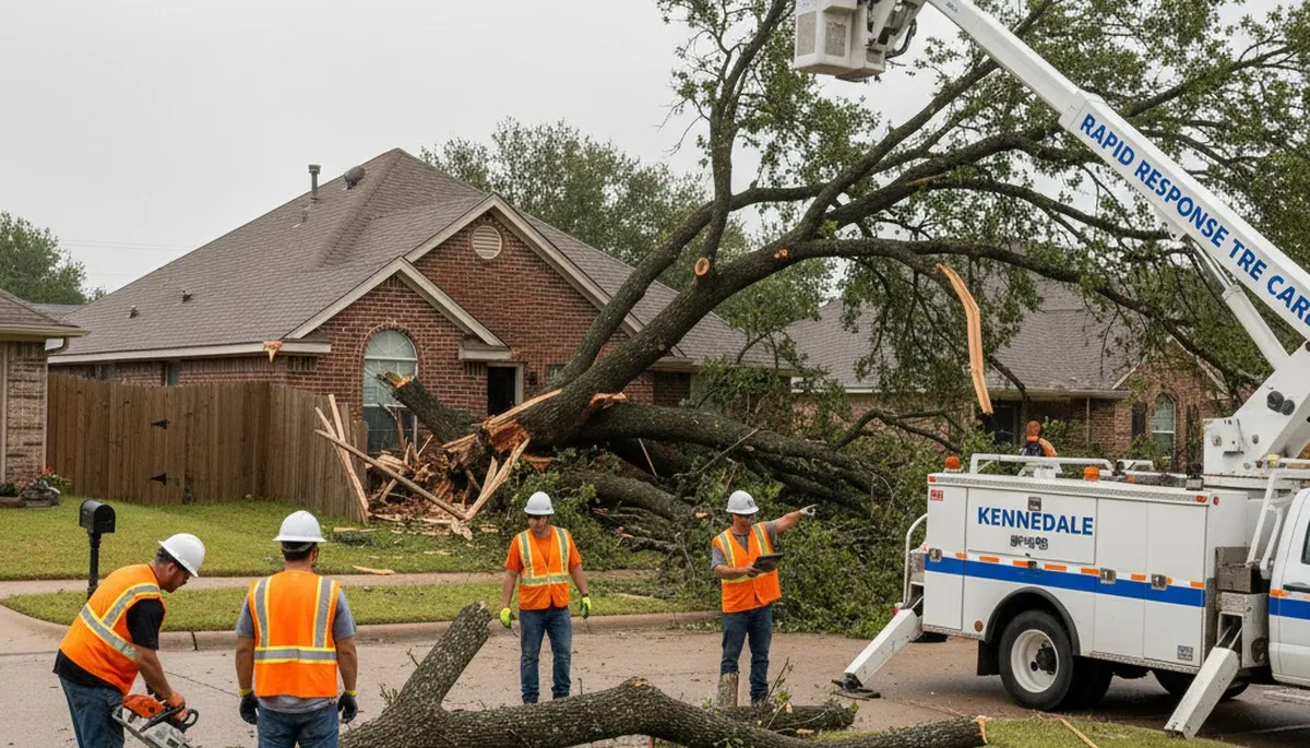 Emergency tree removal after storm damage in Kennedale, TX by Fort Worth tree service crew