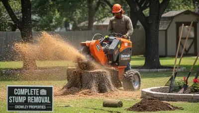 Professional stump grinding removing tree stumps in Crowley near Fort Worth, TX lawn restoration service