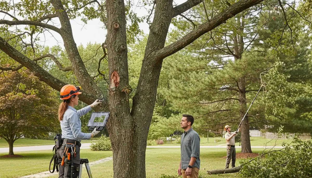 Certified arborist performing tree health assessment for Bedford TX homeowners near Fort Worth