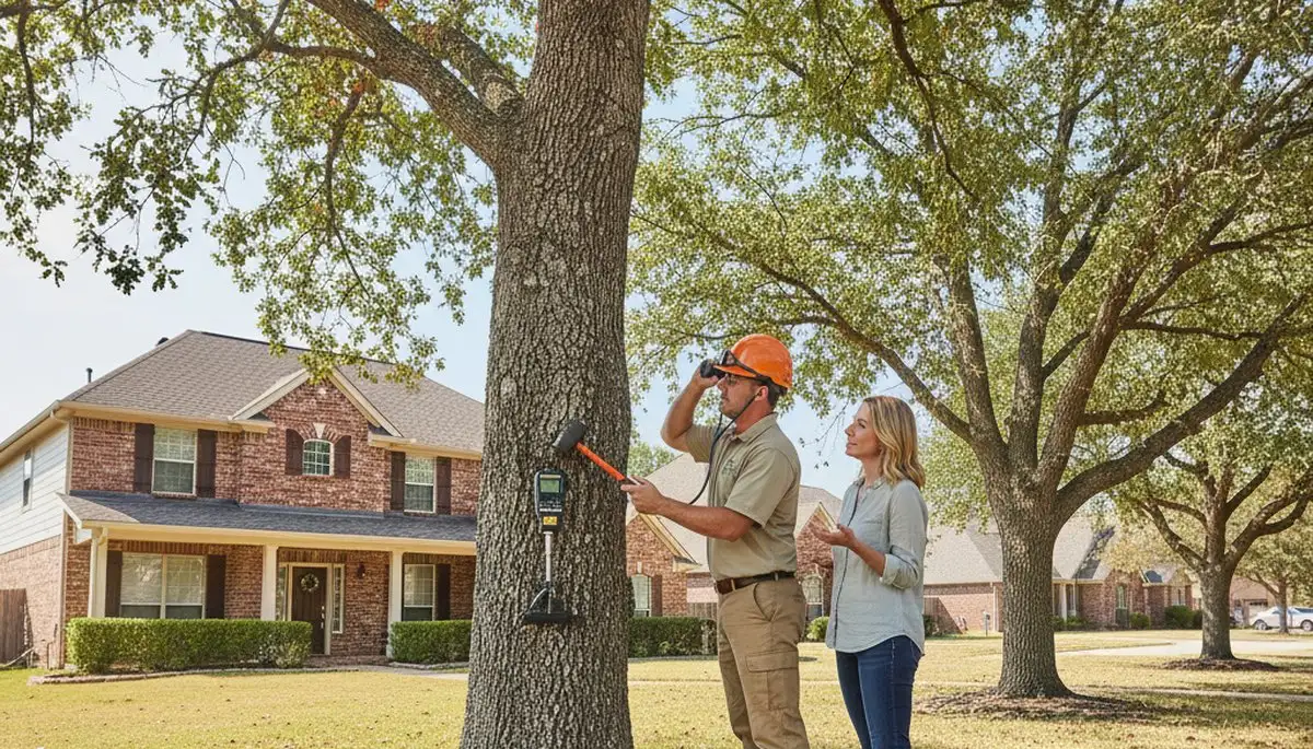 Certified arborist performing tree health assessment for homeowners in Crowley, Fort Worth, TX