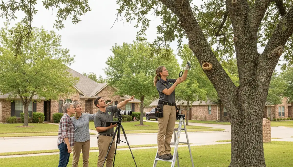 Certified arborist performing tree health assessment for Kennedale homeowners near Fort Worth TX