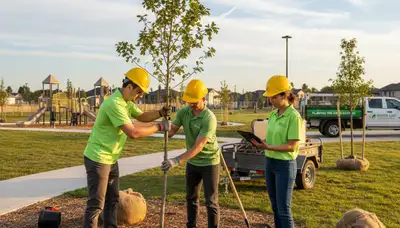 Arborist planting native tree in Fort Worth TX yard for professional tree service establishment