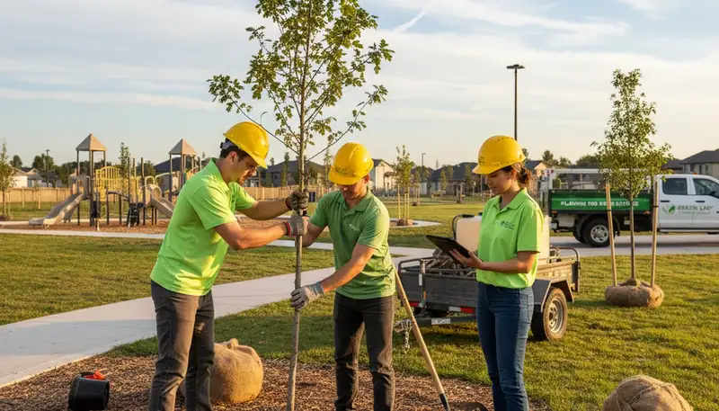 Arborist planting native tree in Fort Worth TX yard for professional tree service establishment
