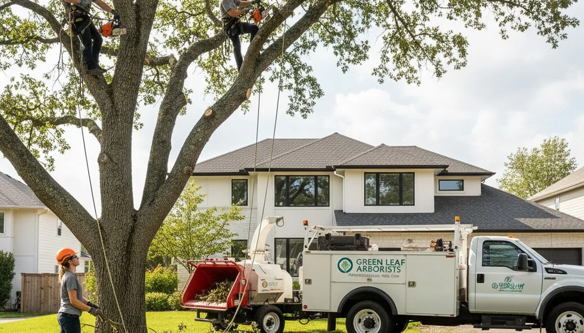 Arborist pruning large oak tree in Fort Worth TX for expert tree care and storm damage prevention
