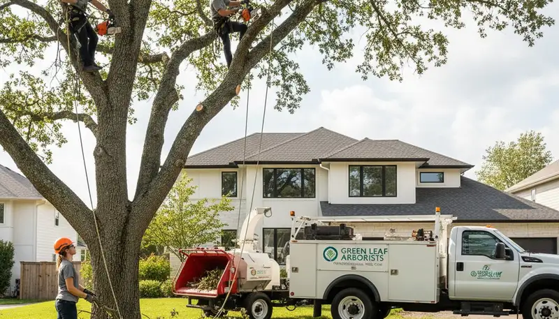 Arborist pruning large oak tree in Fort Worth TX for expert tree care and storm damage prevention