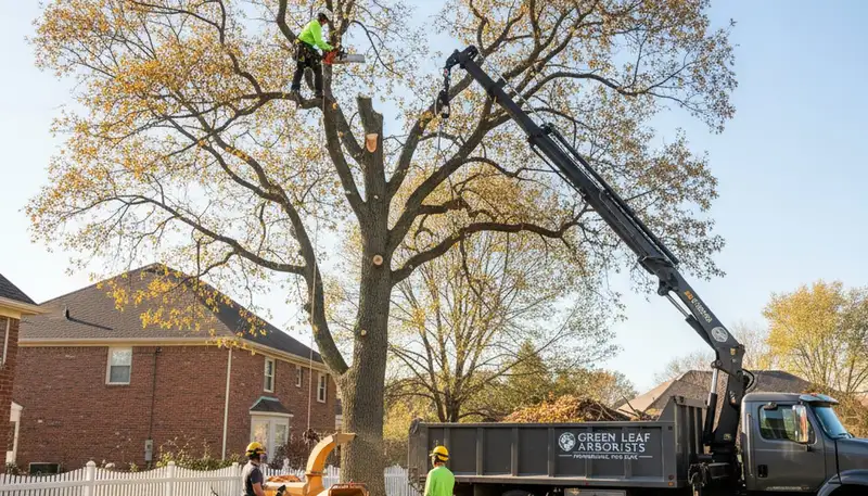 Professional tree removal service cutting hazardous oak in Fort Worth, TX yard
