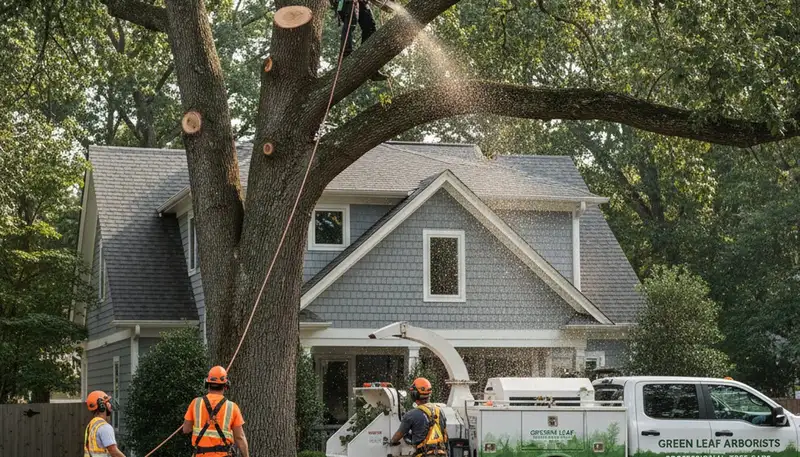 Professional tree removal team working in Fort Worth TX safely cutting large oak tree branches