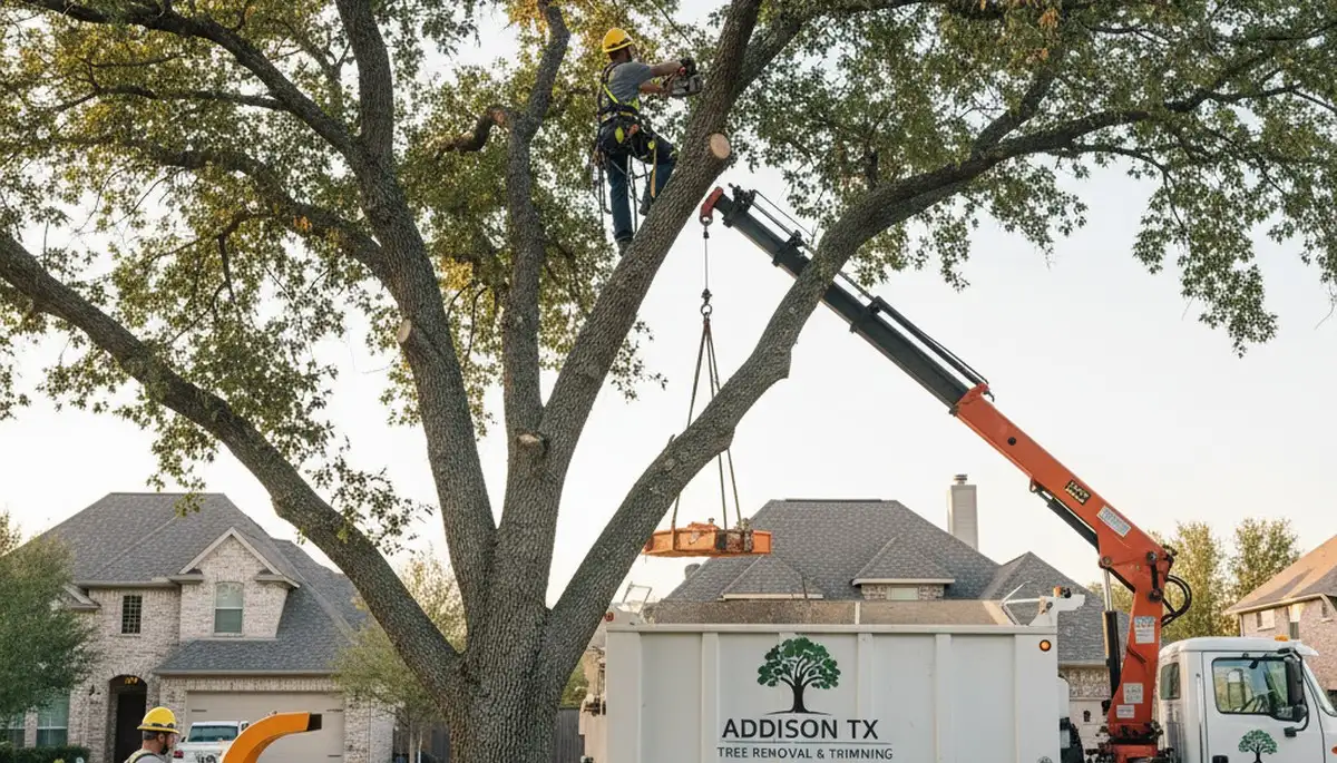 Professional tree removal service crew in Fort Worth TX safely cutting and clearing large oak tree