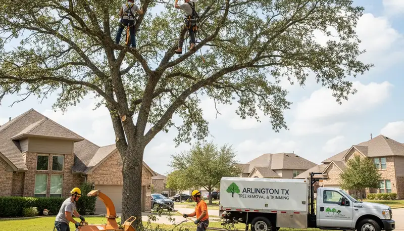 Professional tree removal service team working safely in Fort Worth, TX backyard