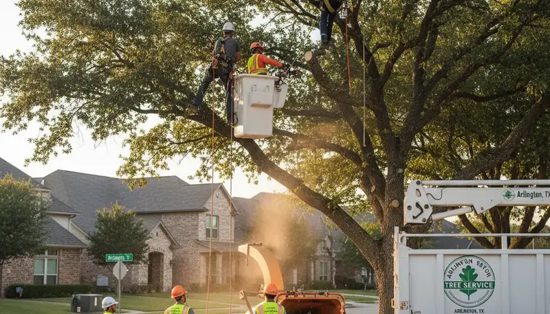 Professional tree removal service in Fort Worth TX safely cutting down large oak tree