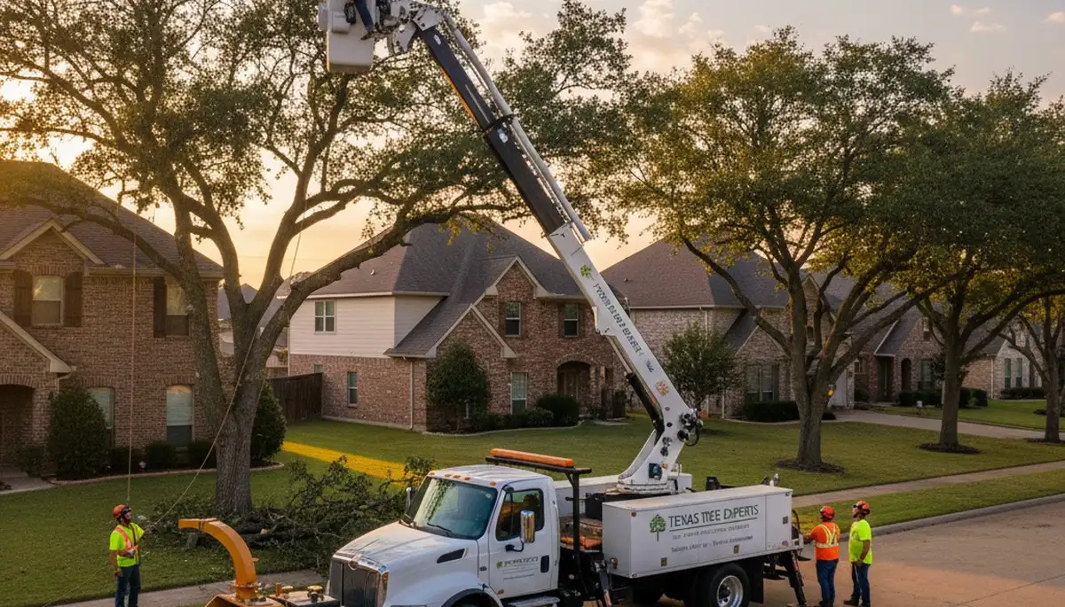 Professional tree removal service in Fort Worth TX safely cutting and clearing large backyard trees