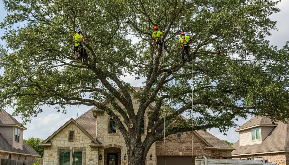 Professional tree removal service in Fort Worth TX safely cutting and clearing large oak tree