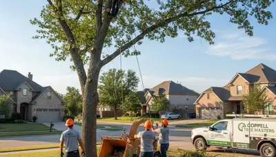 Professional tree removal service crew in Fort Worth TX safely cutting large oak tree
