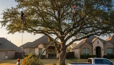 Professional tree removal service in Fort Worth TX clearing large oak for residential property safety
