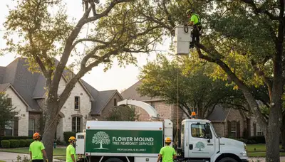 Professional tree removal service crew in Fort Worth TX clearing large oak branches safely