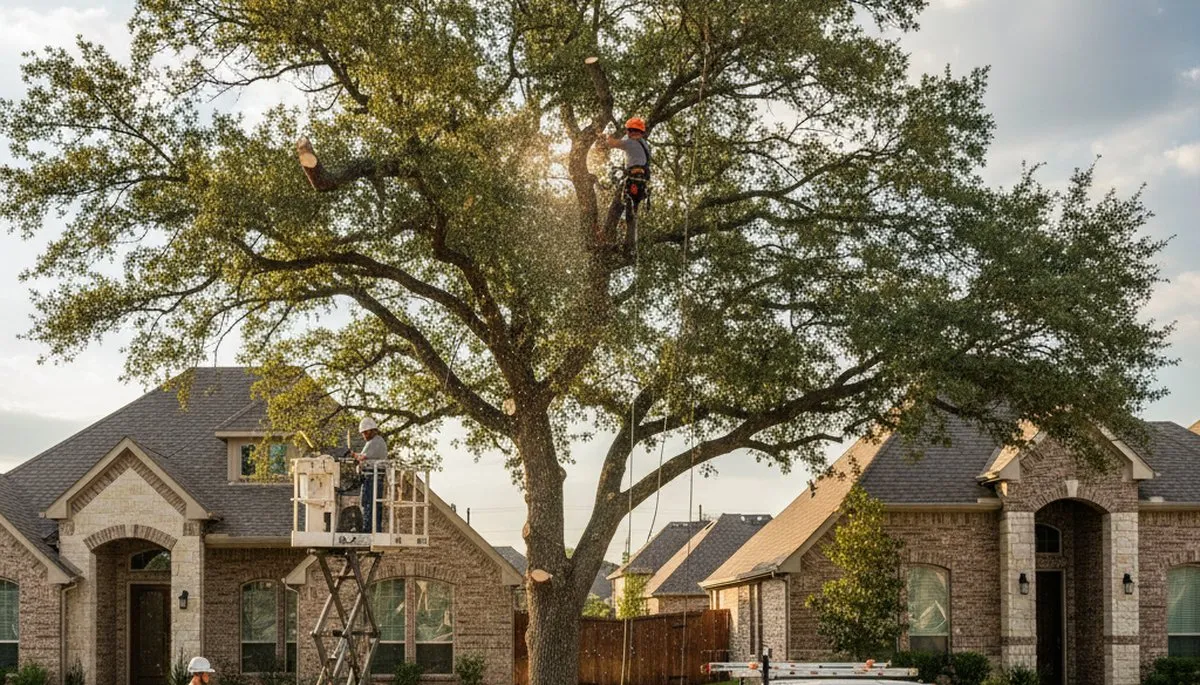 Professional tree removal service in Fort Worth TX safely cutting large oak tree