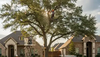 Professional tree removal service in Fort Worth TX safely cutting large oak tree