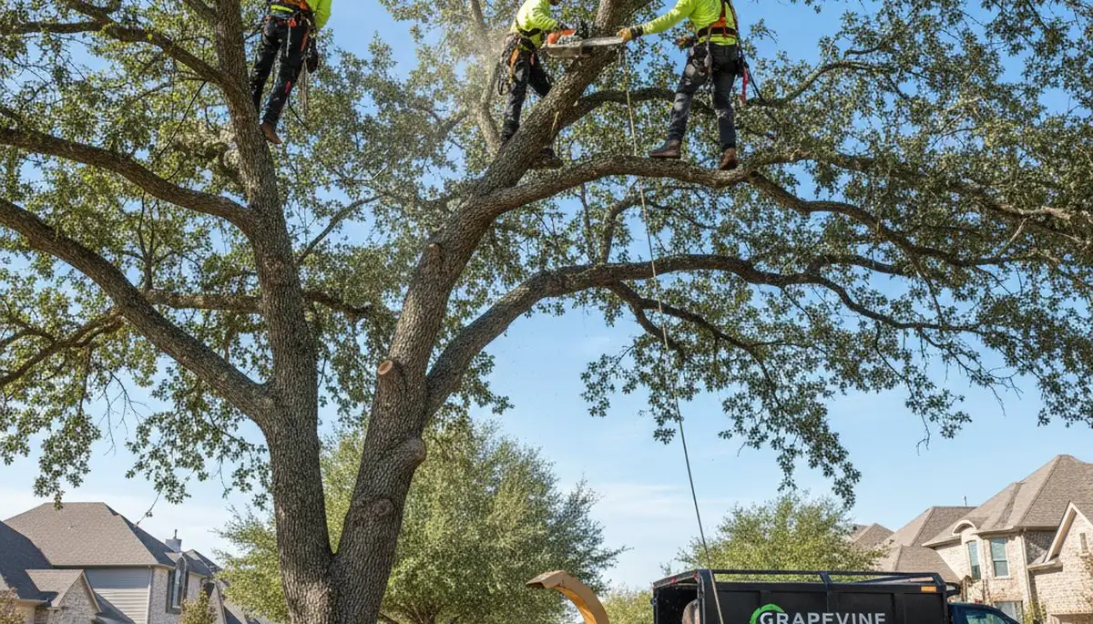 Professional tree removal service crew in Fort Worth TX safely cutting large oak tree branches