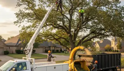 Professional tree removal service in Fort Worth TX clearing large oak from residential yard