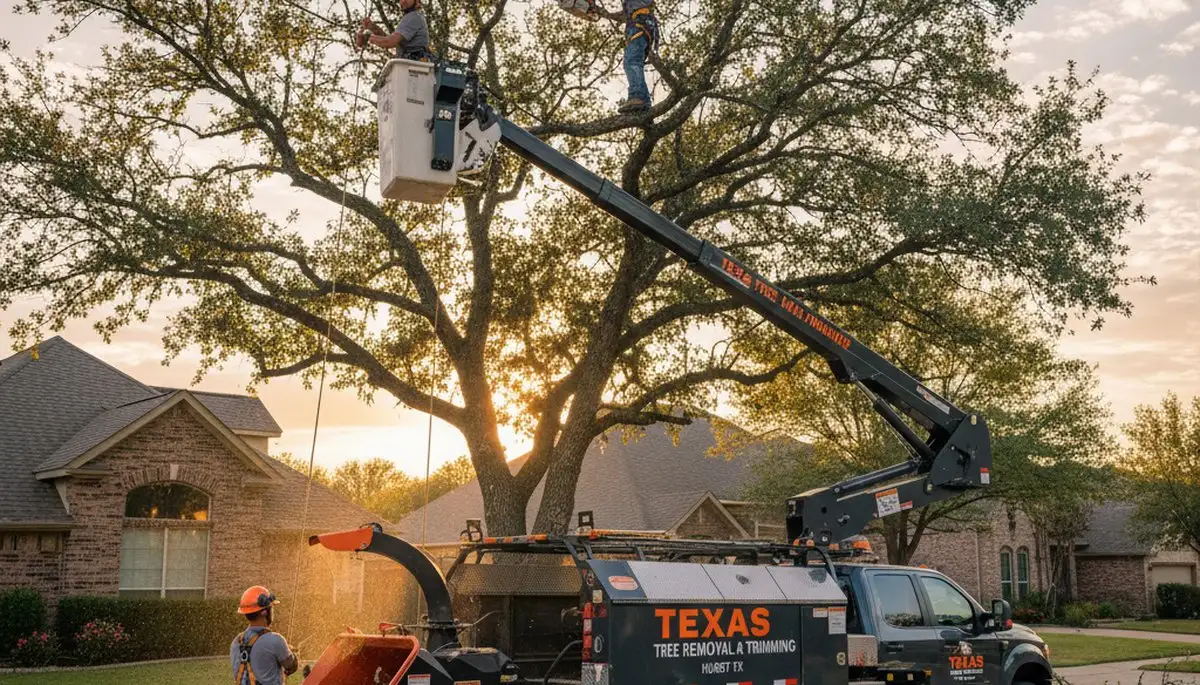 Professional tree removal service team in Fort Worth TX safely cutting and clearing large oak tree