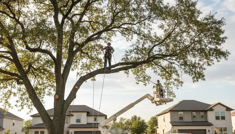 Arborist trimming oak branches in Fort Worth TX for professional tree care and yard maintenance