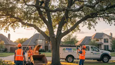 Professional tree removal service crew working safely in Fort Worth, TX yard