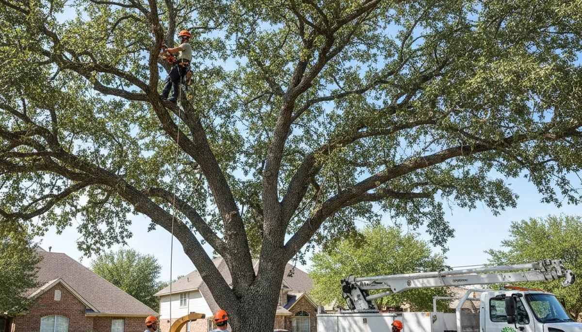 Professional tree removal service in Fort Worth TX safely cutting and clearing large oak tree