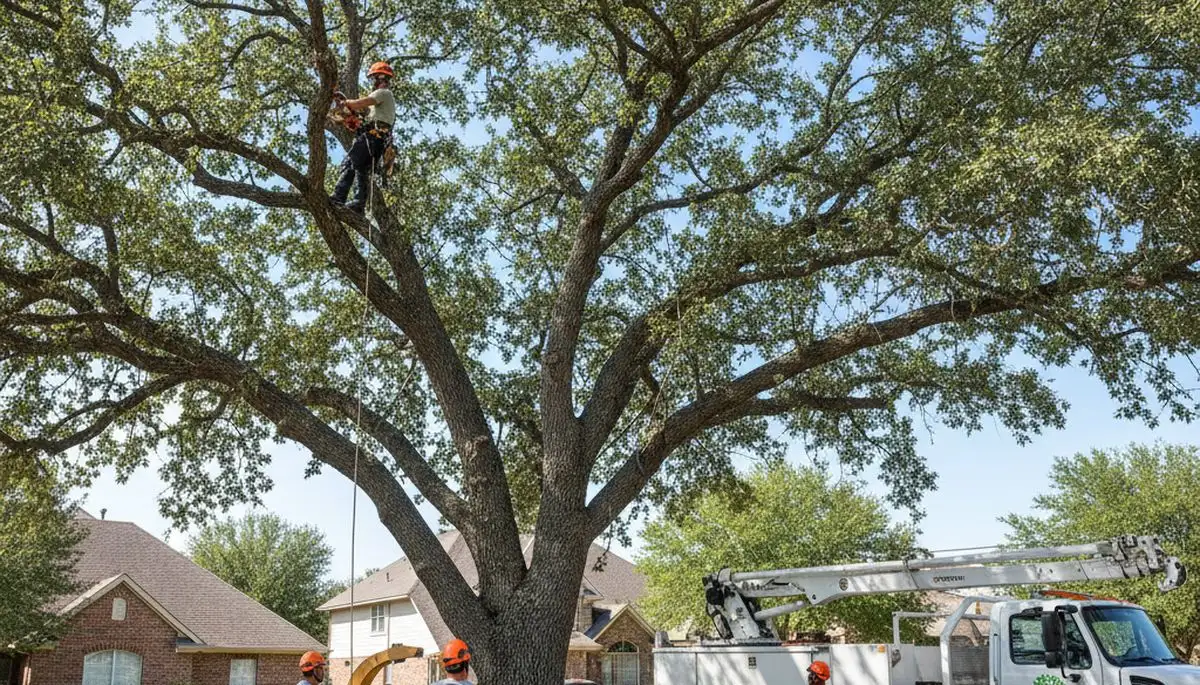 Professional tree removal service in Fort Worth TX safely cutting and clearing large oak tree