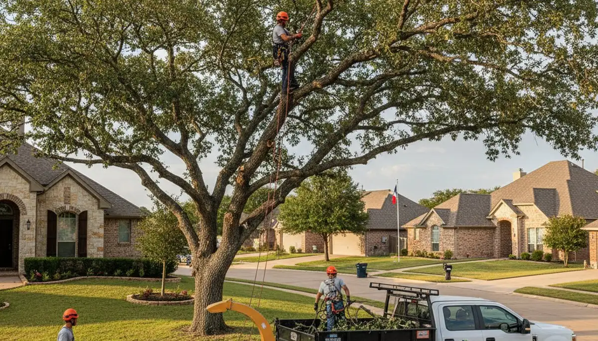 Professional tree removal service crew in Fort Worth TX safely cutting large oak tree