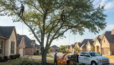 Professional tree removal service in Fort Worth TX safely cutting and clearing large oak tree