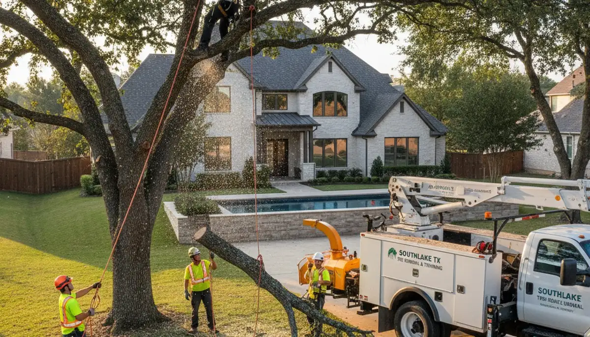 Professional tree removal service in Fort Worth TX safely cutting and clearing large oak tree